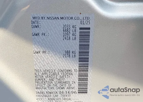 2025 Nissan Altima Sv Awd z USA, uszkodzony, nr VIN 1N4BL4DWXSN363696